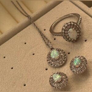 Oval-Cut  Opal & White  Sapphire Necklace, Ring & Earrings Sterling Silver